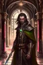 Placeholder: full length, mantle, background dark hall with columns, black cloth, spear in left hand, dark green eyes, the character is not too close to the camera