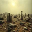 Placeholder: A striking quality close-up Ilford photograph captures a wasteland with odd stones, odd spindle-shaped objects, spooky, creepy, details of the dust very accentuated, glossy, organic, adorned with minerals and rocks, fog. Bathed in feeble light, eerie, Max Ernst style, black sun, fog, volumetric light, octane render