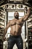 Placeholder: full figure photography of a burly trucker muscular chubby strong 36-year-old turkish in a discoteque, serious, shirtless, short beard, dancing rock shirtless, bulge, manly chest, big shoulder, tribal tattoo, very hairy, side light, view from the ground