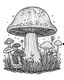 Placeholder: mushroom world minimalistic landscape. line art, background, vector, svg, coloring book page style, black outline on white background