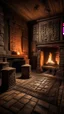Placeholder: Create an image of old house with a fireplace with strange runes in side a temple with dim light of fire torch on the wall in the background