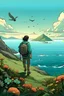 Placeholder: A woman in a landscape with mountains and sea. He's on his back, looking out to sea. She's looking for herself. The day is very lonely, there are some birds and flowers. He carries a backpack and a cell phone in his hand.