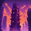 Placeholder: The tall tower with network cyberpunk comics style, in orange and purple