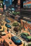 Placeholder: 80s omic book vignette depicting a scene in a cyberpunk city. Top down view with two vanishing points, as if seen from a first floor looking down to the street. Multiple pintoresque characters walk on a crowded sidewalk next to a 4 lane street packed with futuristic looking cars. Dense bags of smoke and pollution appear among the cars. Multiple commerce signs hang from the opposing street building's façades. The perspective vanishes diagonally on the page.
