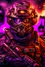 Placeholder: an epic 12k,ultra high definition , digital photo of a scary looking alien, purple colored alien, angy and rising from the ashes, a war veteran, army beret , captain rank, ripped and torn ammo clothing, chaotic fiery and dust background, dramatic close-up action shot of him behind the machine hand gun on the burned out war tanker,gothic and sinister