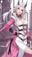 Placeholder: A close picture to blind vampire with white and pink short hair, slave, Tusks, malicious smile, Handcuffs, Weapon handcuffs in dreamshaper finetuned model with dynamic art style witg