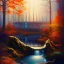 Placeholder: spray painted fantasy art, blurred realism, color corrected, white balance, book illustration,upper body of a realistic photo modell by a dam ,autumn water, colorful, evening