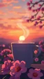 Placeholder: anime style, closup of a coffee cup , steaming, sunrise behind it, flowers