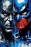 Placeholder: Poster in two gradations, split in half, one side "spiderman", other side "batman", midline of the face, painting by Yoji Shinkawa, dark blue and splash colours detailed iridescent, metallic, translucent, dramatic lighting, hyper futuristic, digital art,