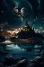 Placeholder: galaxy, space, ethereal space, cosmos, water, panorama. Palace , Background: An otherworldly planet, bathed in the cold glow of distant stars. The landscape is desolate and dark, with jagged mountain peaks rising from the frozen ground. The sky is filled with swirling alien constellations, adding an air of mystery and intrigue. Old castle of london, detailed , enhanced, cinematic, 4k,by van gogh