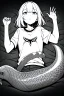 Placeholder: girl in T-shirt lying on the ground and covered with snakes, greyscale