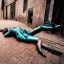 Placeholder: Rusty female cyborg laying in the streets sad and lonely, crying,suit is falling apart