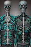 Placeholder: Surreal couple made of metal skeletons with flowering vines growing through; wearing blue gray green striped business suits with paisley shirts and ties; surreal, intricately detailed, beautiful, colorful, vibrant