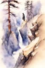 Placeholder: aspect ratio is Portrait, Edward Wesson, Dante Gabriel Rossetti, Pino Daeni, watercolor, wet on wet, splash fast strokes, Gnarled pine trees on the edge of a precipice looking down into a canyon, Brian Froud style, wet blurry watercolor