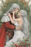 Placeholder: Couple from dnd passionate kissing, woman with white hair wearing a dress, man with long black hair tunic and red cloak.