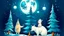 Placeholder: fantasy cartoon illustration: a reindeer, a polar bear, a rabbit are decorating a Christmas tree, beneath a full moon