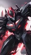Placeholder: A close picture to Mix between transformers and venom symbiote in solo leveling shadow art style with red details detailsis in fantasy world