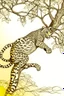 Placeholder: Outline art, leopard climbing a tree, cartoon style, low detail, --ar 9:11