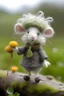 Placeholder: A needlefelted, tall , frizzy mouse in the meadows. Wearing a grey knitted scarf and wearing glossy rainboots. Real white, tall mushrooms around and moss. Lots of dewdrops. A storm is brewing in the background.