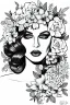 Placeholder: hyper detailed, black and white, thick line, coloring book illustration, lineart, stunningly beautiful woman in flowers