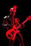 Placeholder: A realistic 4K robot terminator with a red punk crest playing bass, black background, flames all around him.