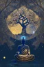 Placeholder: buddha sitted in front, tree of life with geometric swirls as leaves, starry night, 4K