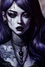 Placeholder: painting of a woman with dark purple-black long hair and black tattoos on her body, a cold, indifferent expression, silver and black onyx jewelry, black lace dress, cybernetics, crepy stunning anthropomorphic female, Minjae Lee vibe, cbybernetic and etheral human, ancient deity, by Vincent Lefevre and Yoshitaka Amano