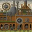 Placeholder: A gray factory with gears and bombs designed in Australian aboriginal art painted by Georges Seurat