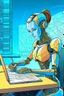 Placeholder: generate a front cover representation of Ai attractive female humanoid bot writing a book at a desk in a comic book style