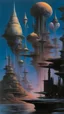 Placeholder: Floating Fantasy city, beautiful cityscape art by Jim Burns, Roger Dean, Bruce Pennington, Tim White, Michael Bohme, Chris Moore, Paul Lehr, Rodney Matthews, Chris Foss, and John Harris