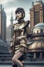 Placeholder: full body picture of a woman with a bob, a fringe hairstyle, Cleopatra clothing futuristic steampunk, city background