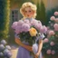 Placeholder: Sunny Day, lilac, flowers, roses,in the center a woman with blonde hair,beautiful makeup,long eyelashes in her hands a bouquet of flowers, yard science fiction, epic, paintings by Wilfrid de Glen and Rodolphe Whitman in the style of impressionism,portrait photorealism