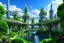 Placeholder: A futuristic alien city, with balconies, verandas, many arches, bridges, spires, paths, trees, dense foliage, Spanish moss, ivy, river, blue sky, white clouds