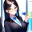 Placeholder: Clear focus, 8k, high quality, detailed, beautiful lighting, girl, vibrant colors, black long hair, vibrant golden eyes, office clothes, glasses, holding pin,