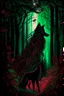 Placeholder: In the heart of a dense and enigmatic forest with towering ancient trees cloaked in emerald foliage stood a bewitching witch possessing an ethereal allure her lustrous hair cascading in ebony waves down to her slender waist In her captivating presence a majestic canine of Belgian shepherd lineage roamed at her side its eyes illuminated by an otherworldly crimson glow exuding an aura both mysterious and demonic