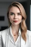 Placeholder: beautiful white woman face and bust looking at the camera in office outfit