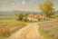 Placeholder: sunny day, mountains, trees, dirt road, flowers, spring, countryside, adobe house, friedrich eckenfelder and hans am ende impressionism paintings