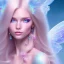 Placeholder:  beautiful, soft, whide smile face, long blonde straight hair, blue eyes, fairy wings on the back, transparent crystal blue and pink clothes, background blue and pink, big definition, 8K