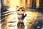 Placeholder: cute happy chibi cat standing on a wet cobblestone road in sunshine, watercolor and black in outlines, golden glitter, ethereal, cinematic postprocessing, bokeh, dof