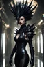 Placeholder: a very beautiful alien queen, with a giant black crown-like carapace on her head, thick lips, with a shiny black spiky carapace covering her entire body, and a long alien tail with a giant spike sharp, walking in a corridor