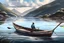 Placeholder: Fisherboat, realistic, colorfull, ocean, small boat, rowing boat, mountains, lake, fisher man