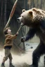 Placeholder: A boy picked up a stick and waved it at the bear, yelling and screaming.