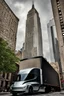 Placeholder: A Tesla semi-truck is parked, near the "Empire State Building' in New York. CINEMATIC. WIDE ANGLE LENS. PHOTO REAL.
