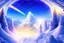 Placeholder: white spaceship with light in the below. the landscape is a fairy colourfull forest with snow sweety mountains. the sky is blu with stars and brightness beam