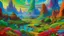 Placeholder: A painting of a fantastical, otherworldly terrain, depicting a vibrant and colorful alien landscape. In the foreground, large, flat-topped rock formations in vibrant hues are surrounded by lush vegetation. In the middle ground, a winding river draws the eye to the background, where towering, rugged mountains rise imposingly against a partly cloudy sky. All covered in colorful vegetation.