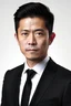 Placeholder: half portrait handsome 37 year old chinese light white skin man in black formal suit with a dark tie and white shirt with white background