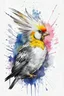 Placeholder: cockatiel paint running, watercolo splash , lines Random, sketch,, lines, ink with crosshatch , bust ,white background, around lines random, sketch tattoo, lines random