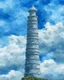 Placeholder: A light grayish blue tower in the clouds designed in Ica stones painted by Jeffrey Kolker