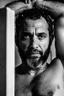 Placeholder: full figure shot 48 years old puertorican carpenter man hands behind the head , in an abandoned warehouse, serious, bearded burly chubby , serious eyes, shirtless under the shower, wet, dripping water, manly torso, photorealistic, 50mm photo, ambient occlusion , side view from the ground