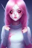 Placeholder: girl, holding knife, cute, beautiful, big nose, pink hair, long hair, blue eyes, black sweater, blood splatter